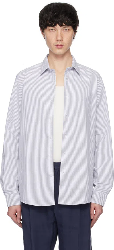 Sunspel White & Navy Oxford Shirt In White/nvy Oxfrd Strp