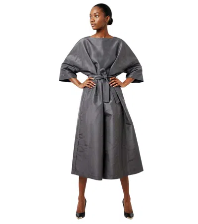 Super Blond Grey Solid Boat Neck Midi Dress In Gray