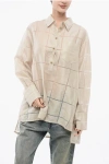 Super Blond Linen Oversized Shirt With Checkered Pattern