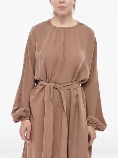 Super Blond Midi Belted Silk Dress In Brown
