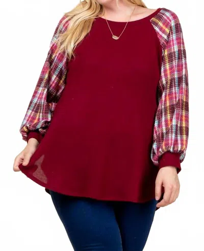 Super Lady Plaid Puff Sleeve Top (plus) In Burgundy In Brown