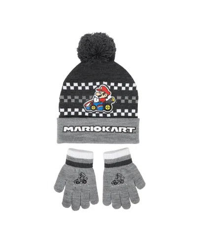Super Mario Kids' Boys' And Girls' Graphic Beanie And Matching Gloves, 2-piece Set In Gray