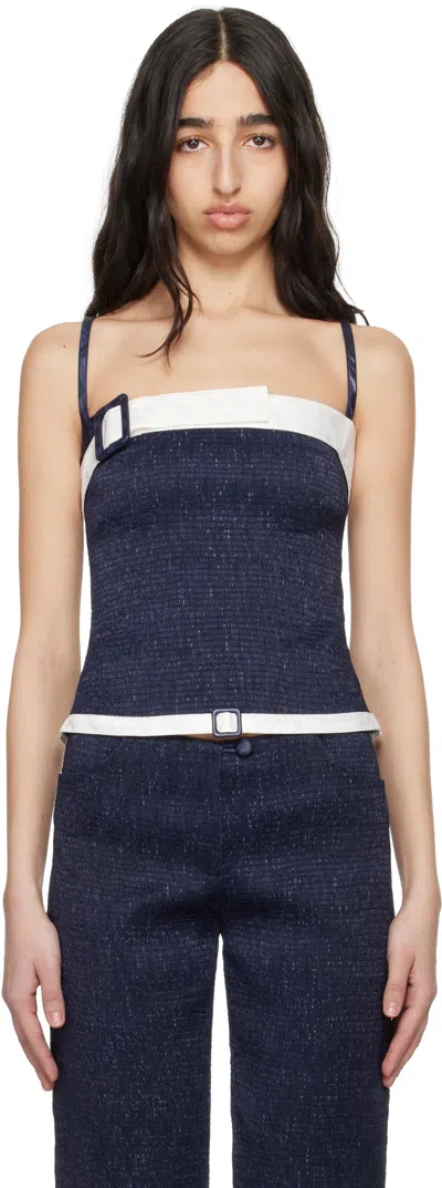 Super Yaya Navy & White Audrey Belt Tank Top In Marine