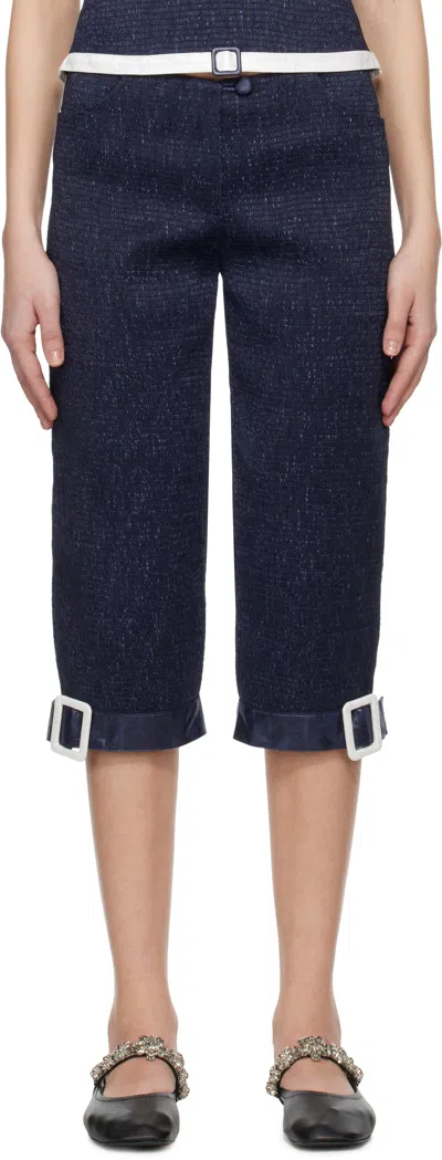 Super Yaya Navy Pantacourt With Belts Trousers In Marine