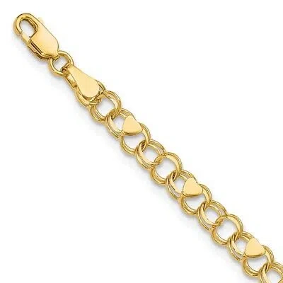 Pre-owned Superdealsforeverything Real 10kt Yellow Gold Double Link With Hearts Charm Chain Bracelet; 8 Inch