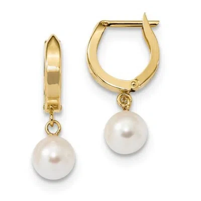Pre-owned Superdealsforeverything Real 14kt 6-7mm White Round Akoya Saltwater Cultured Pearl Hoop Dangle Earrings In Yellow