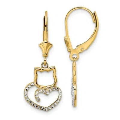 Pre-owned Superdealsforeverything Real 14kt & White Rhodium Diamond Cut Cat Heart Leverback Earrings