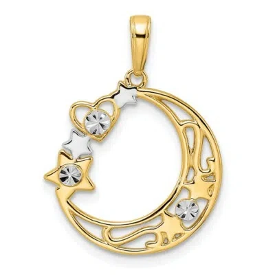 Pre-owned Superdealsforeverything Real 14kt & White Rhodium Diamond Cut Heart; Star & Moon Pendant