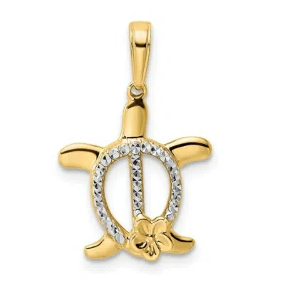 Pre-owned Superdealsforeverything Real 14kt And White Rhodium Diamond-cut Turtle W/ Flower Pendant