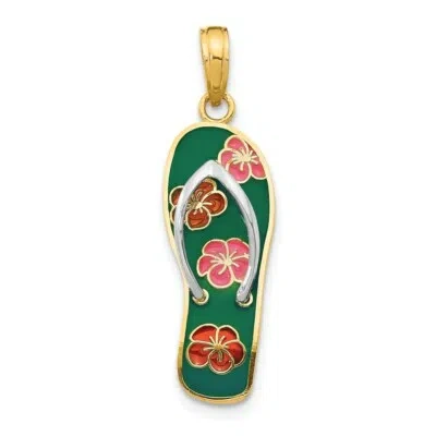 Pre-owned Superdealsforeverything Real 14kt Rhodium 3d Enameled Flowers On Green Flip Flop Pendant