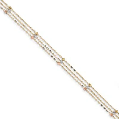 Pre-owned Superdealsforeverything Real 14kt Tri-color 3-strand Diamond-cut Beaded 9in Plus 1in Extender Anklet
