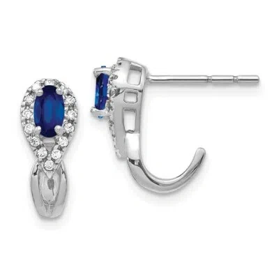 Pre-owned Superdealsforeverything Real 14kt White Gold Diamond And Sapphire J Hoop Post Earrings