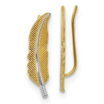 Pre-owned Superdealsforeverything Real 14kt W/rhodium Polished Feather Ear Climber Earrings