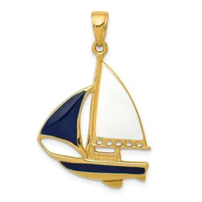 Pre-owned Superdealsforeverything Real 14kt Yellow Gold 2-d Blue And White Enameled Sailboat Pendant