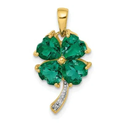 Pre-owned Superdealsforeverything Real 14k Yellow Gold Created Emerald And Diamond Four Leaf Clover Pendant