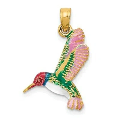 Pre-owned Superdealsforeverything Real 14kt Yellow Gold Enameled 3d Hummingbird Pendant
