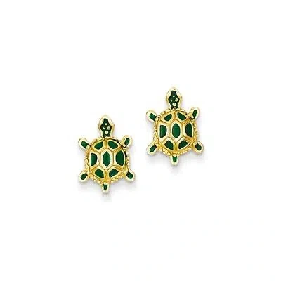 Pre-owned Superdealsforeverything Real 14kt Yellow Gold Green Enameled Turtle Post Earrings