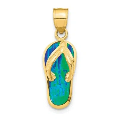 Pre-owned Superdealsforeverything Real 14kt Yellow Gold Polished 3d W/created Blue Opal Flip Flop Pendant