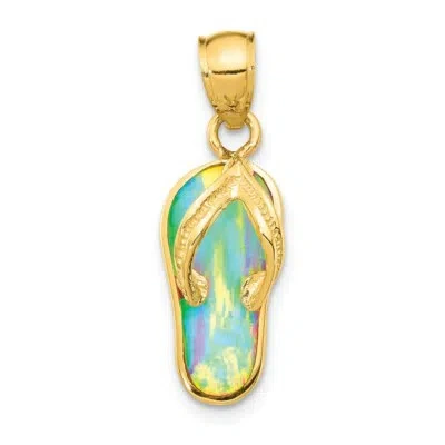 Pre-owned Superdealsforeverything Real 14kt Yellow Gold Polished 3d W/created White Opal Flip Flop Pendant