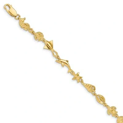 Pre-owned Superdealsforeverything Real 14kt Yellow Gold Polished And Textured Ocean Motif 7 Inch Chain Bracelet