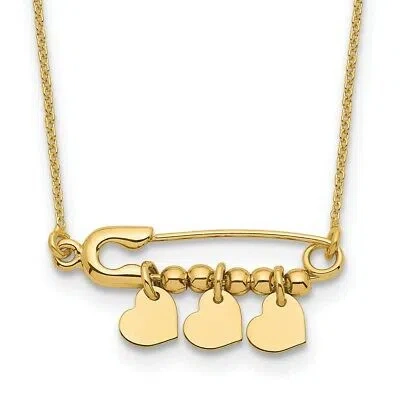Pre-owned Superdealsforeverything Real 14kt Yellow Gold Safety Pin With Dangle Hearts Necklace