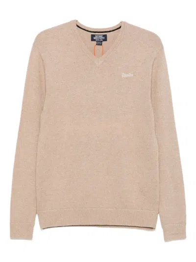 Superdry Logo-embroidered V-neck Jumper In Brown