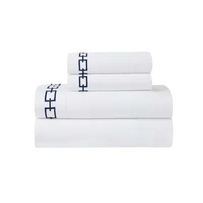 Superior 100% Cotton Chain Link Embroidered Deep Pocket Bed Sheet Set In White,navy Blue