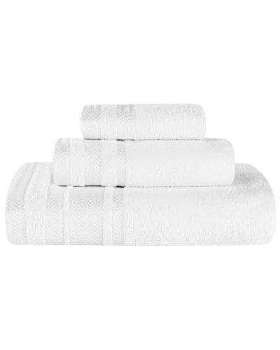 Superior 3pc Zero Twist Cotton Dobby Border Plush Soft Absorbent Towel Set In White