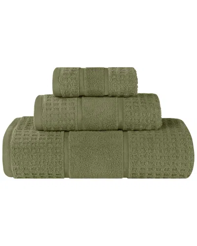 Superior 3pc Zero Twist Cotton Waffle Honeycomb Plush Soft Absorbent Towel Set In Green