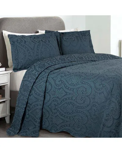 Superior Aspen Jacquard Floral Scalloped Bedspread Set In Blue