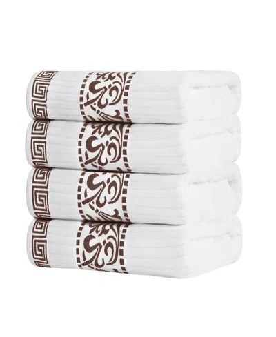 Superior Athens Cotton With Greek Scroll And Floral Pattern, 4 Piece Bath Towel Set In White-chocolate