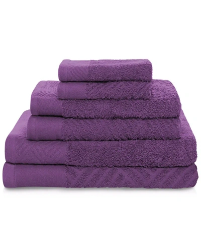 Superior Basketweave Jacquard And Solid 6pc Egyptian Cotton Towel Set In Purple