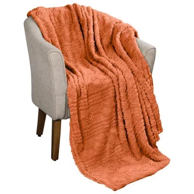 Superior Boho Knit Jacquard Fleece Plush Blanket Medium Weight Fluffy Bedding In Dusty Orange