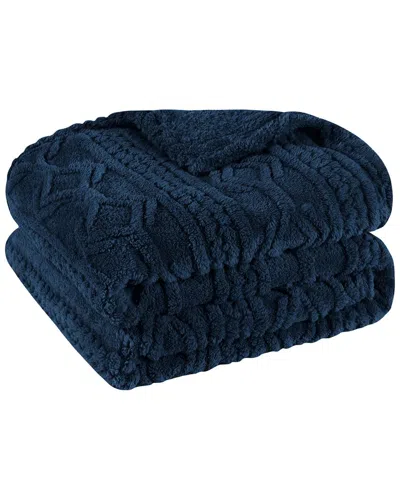 Superior Boho Knit Jacquard Fleece Plush Fluffy Blanket In Blue