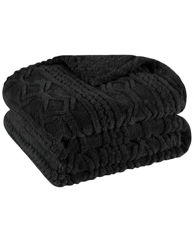 Superior Boho Knit Jacquard Fleece Plush Fluffy Blanket In Black