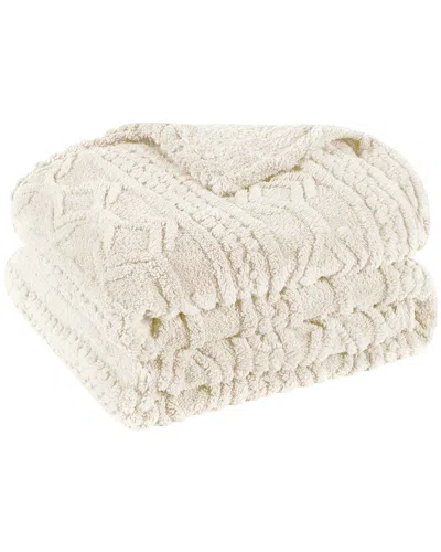 Superior Boho Knit Jacquard Fleece Plush Fluffy Blanket In Neutral
