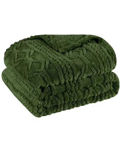 Superior Boho Knit Jacquard Fleece Plush Fluffy Throw In Green