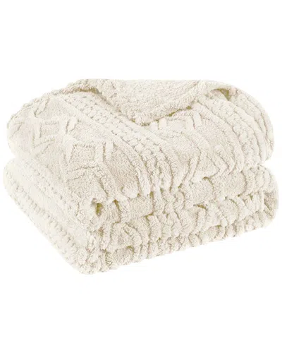 Superior Boho Knit Jacquard Fleece Plush Fluffy Throw In White