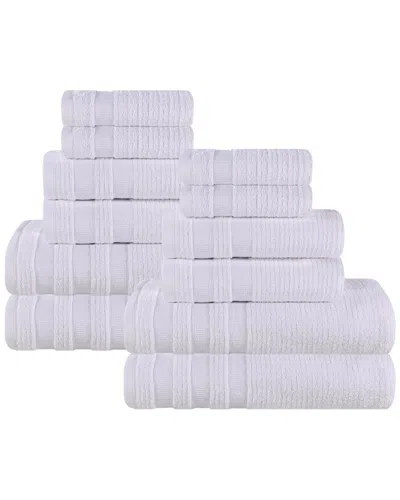 Superior Brea Zero Twist Cotton Ribbed Geometric Border Plush 12pc Towel Set In White