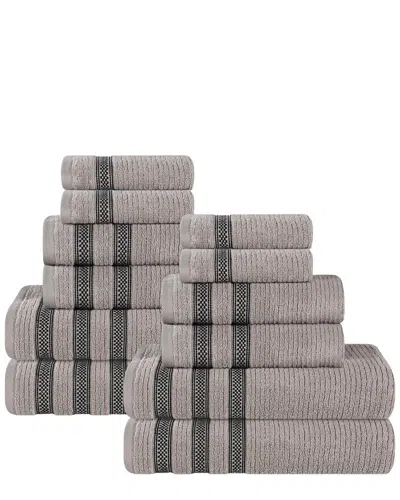 Superior Brea Zero Twist Cotton Ribbed Geometric Border Plush 12pc Towel Set In Gray
