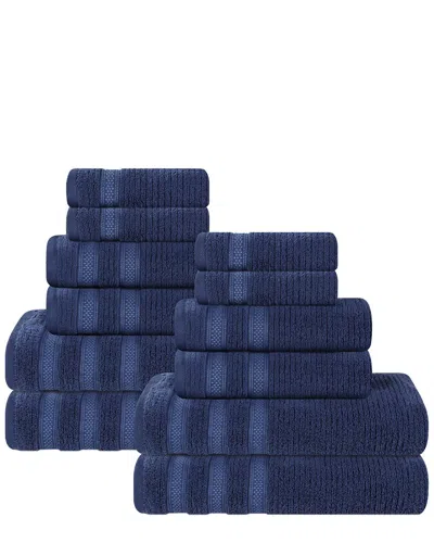 Superior Brea Zero Twist Cotton Ribbed Geometric Border Plush 12pc Towel Set In Blue