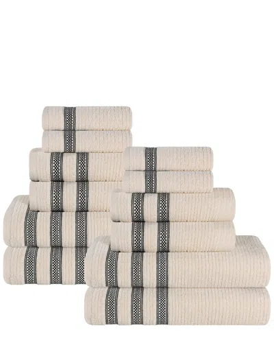 Superior Brea Zero Twist Cotton Ribbed Geometric Border Plush 12pc Towel Set In Neutral
