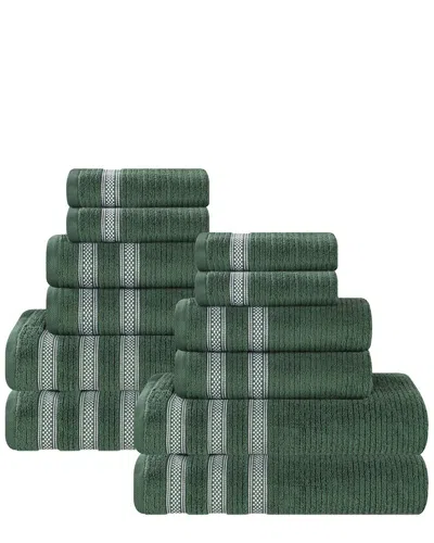 Superior Brea Zero Twist Cotton Ribbed Geometric Border Plush 12pc Towel Set In Green