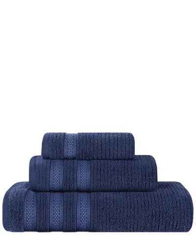 Superior Brea Zero Twist Cotton Ribbed Geometric Border Plush 3pc Towel Set In Blue