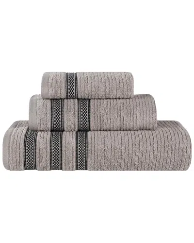 Superior Brea Zero Twist Cotton Ribbed Geometric Border Plush 3pc Towel Set In Neutral