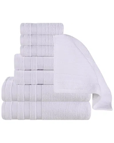 Superior Brea Zero Twist Cotton Ribbed Geometric Border Plush 8pc Towel Set In White