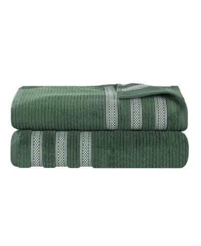 Superior Brea Zero Twist Cotton Ribbed Geometric Border Plush Soft Absorbent 2-piece Bath Sheet Set In Green