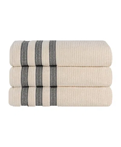 Superior Brea Zero Twist Cotton Ribbed Geometric Border Plush Soft Absorbent 3-piece Bath Towel Set In Brown