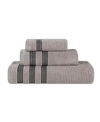 Superior Brea Zero Twist Cotton Ribbed Geometric Border Plush Soft Absorbent 3-piece Towel Set In Brown