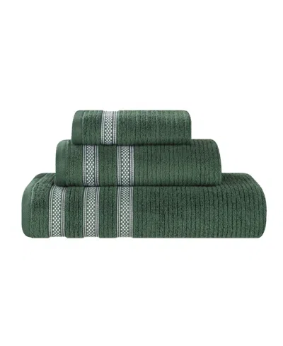 Superior Brea Zero Twist Cotton Ribbed Geometric Border Plush Soft Absorbent 3-piece Towel Set In Green